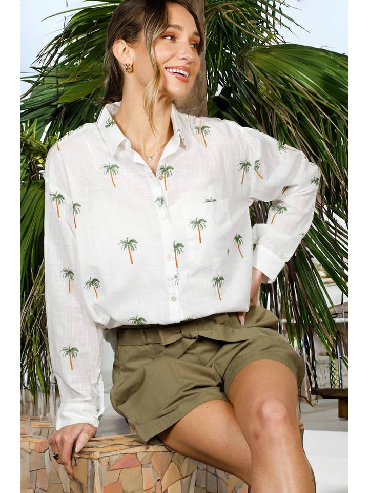 Collared Palm Print Blouse