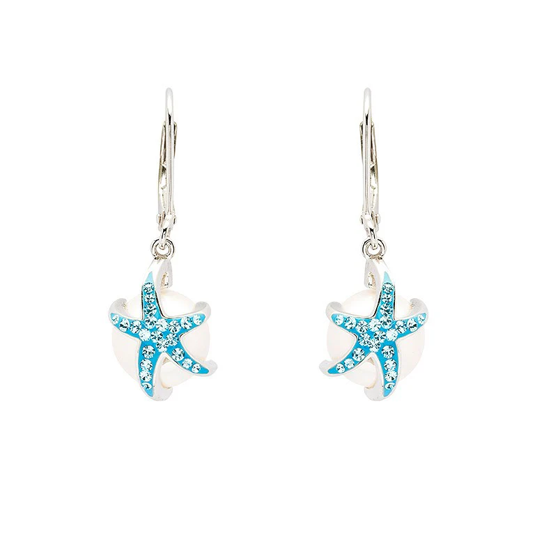 Sterling Silver Pearl & Aqua Crystal Starfish Earrings