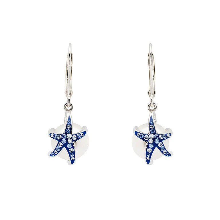 Sterling Silver Pearl & Sapphire Crystal Starfish Earrings